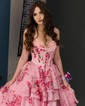 Ball Gown Strapless Satin Chiffon Floral Tiered Prom Dresses
