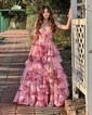 Ball Gown Strapless Satin Chiffon Floral Tiered Prom Dresses