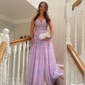 Ball Gown V-neck Tulle Prom Dresses With Appliques