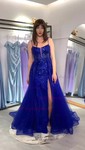 Ball Gown V-neck Tulle Backless Prom Dresses With Appliques