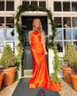 Sheath/Column Halter Satin Cut Out Prom Dresses With Ruched