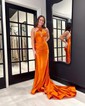 Sheath/Column Halter Satin Cut Out Prom Dresses With Ruched