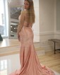 Mermaid Strapless Satin Cut Out Beaded Prom Dresses