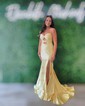 Mermaid Strapless Satin Cut Out Beaded Prom Dresses