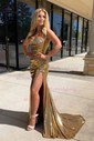 Sheath/Column Strapless Metallic Prom Dresses With Beading