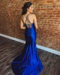 Sheath/Column V-neck Satin Corset Prom Dresses With Beading