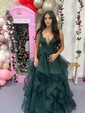 Princess V-neck Tulle Ruffle Prom Dresses With Appliques