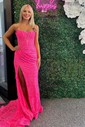 Sheath/Column Strapless Lace Corset Prom Dresses With Ruched