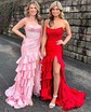 Mermaid Strapless Satin Ruffle Tiered Prom Dresses With Appliques
