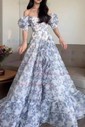 Ball Gown Off-the-shoulder Tulle Floral Prom Dresses With Puff Sleeve