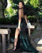 Sheath/Column V-neck Sparkly Sequin Prom Dresses With Ruched
