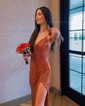 Sheath/Column V-neck Sparkly Sequin Prom Dresses With Ruched