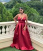 Ball Gown V-neck Satin Prom Dresses With Floor-length