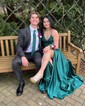 A-line V-neck Satin Prom Dresses With Appliques