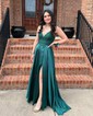 A-line V-neck Satin Prom Dresses With Appliques