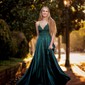 A-line V-neck Satin Prom Dresses With Appliques
