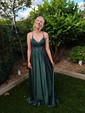 A-line V-neck Satin Prom Dresses With Appliques
