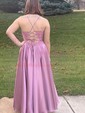 A-line V-neck Satin Prom Dresses With Appliques