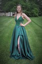 A-line V-neck Satin Prom Dresses With Appliques