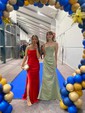 Sheath/Column Cowl Neck Satin Corset Prom Dresses With Ruched