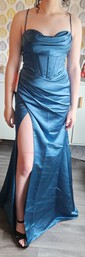 Sheath/Column Cowl Neck Satin Corset Prom Dresses With Ruched