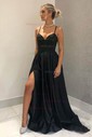 Black Ball Gown V-neck Satin Prom Dresses With Split