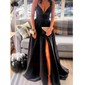 Black Ball Gown V-neck Satin Prom Dresses With Split