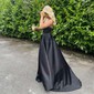 Black Ball Gown V-neck Satin Prom Dresses With Split