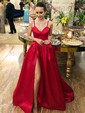 Black Ball Gown V-neck Satin Prom Dresses With Split