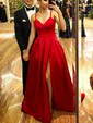 Black Ball Gown V-neck Satin Prom Dresses With Split