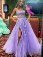 Ball Gown V-neck Tulle Prom Dresses With Appliques