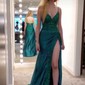 Sheath/Column V-neck Satin Prom Dresses With Appliques