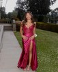 Sheath/Column V-neck Satin Prom Dresses With Appliques