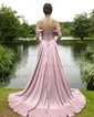 A-line Off-the-shoulder Satin Corset Prom Dresses With Beading