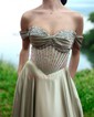 A-line Off-the-shoulder Satin Corset Prom Dresses With Beading