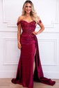Sheath/Column Off-the-shoulder Satin Prom Dresses With Appliques