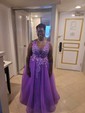 Princess V-neck Backless Tulle Prom Dresses With Appliques
