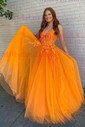 Princess V-neck Backless Tulle Prom Dresses With Appliques