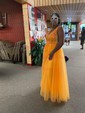Princess V-neck Backless Tulle Prom Dresses With Appliques