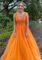 Princess V-neck Backless Tulle Prom Dresses With Appliques