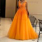 Princess V-neck Backless Tulle Prom Dresses With Appliques
