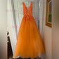 Princess V-neck Backless Tulle Prom Dresses With Appliques