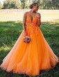 Princess V-neck Backless Tulle Prom Dresses With Appliques