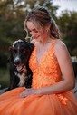 Princess V-neck Backless Tulle Prom Dresses With Appliques