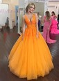 Princess V-neck Backless Tulle Prom Dresses With Appliques