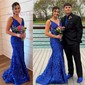 Mermaid V-neck Backless Sparkly Sequin Prom Dresses