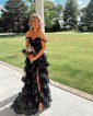 Black Ball Gown Sweetheart Sequin Tiered Prom Dresses