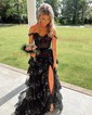 Black Ball Gown Sweetheart Sequin Tiered Prom Dresses