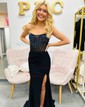 Sheath/Column Strapless Satin Corset Prom Dresses With Beading