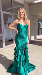 Mermaid Strapless Satin Ruffle Tiered Prom Dresses With Ruched